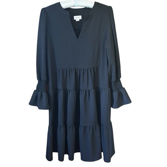 Top It Off Women’s Black Ruffled V-Neck Tiered Midi Dress Party Flirty Size M - Picture 1 of 12